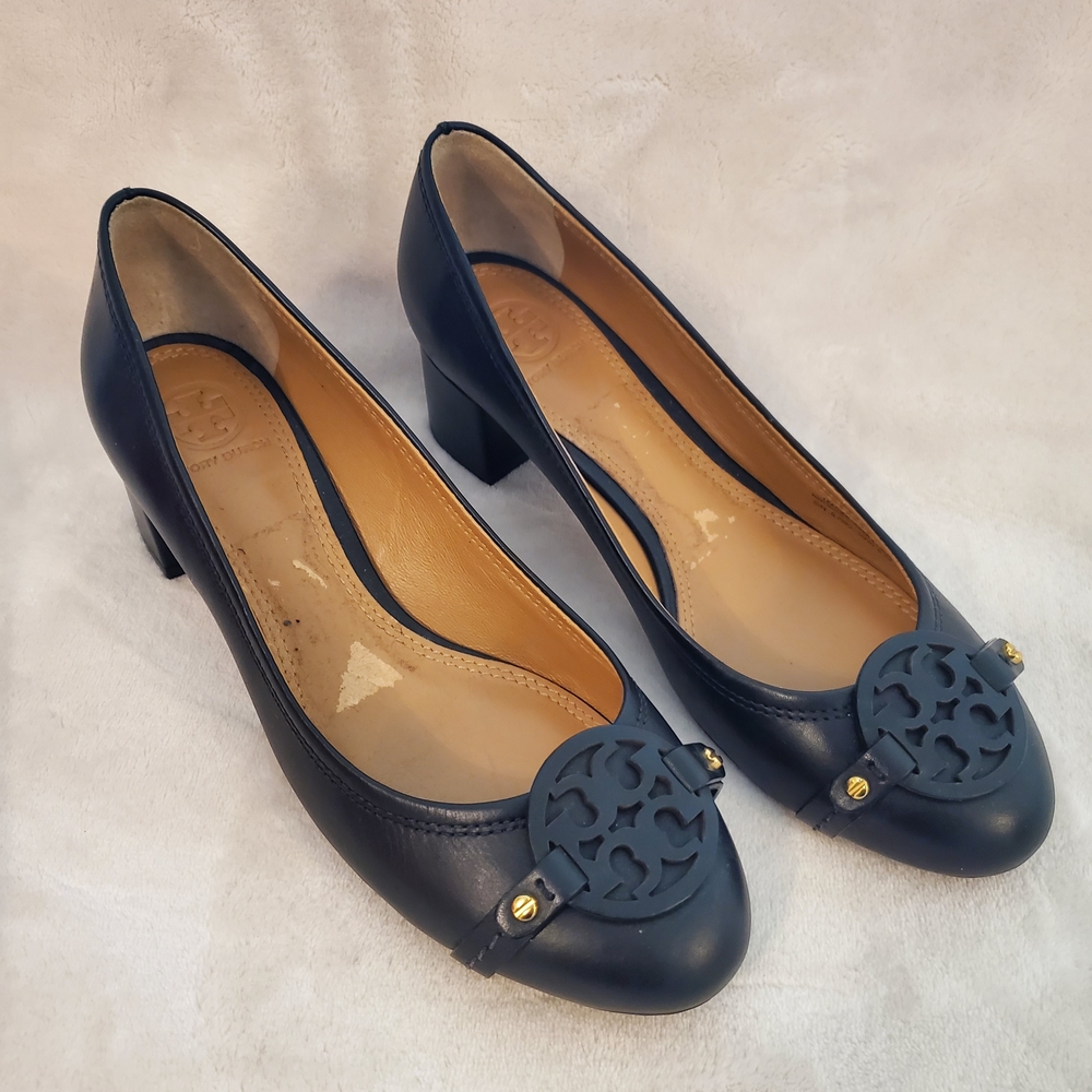 Tory Burch Leather Block Heel Pumps with Logo Cutout